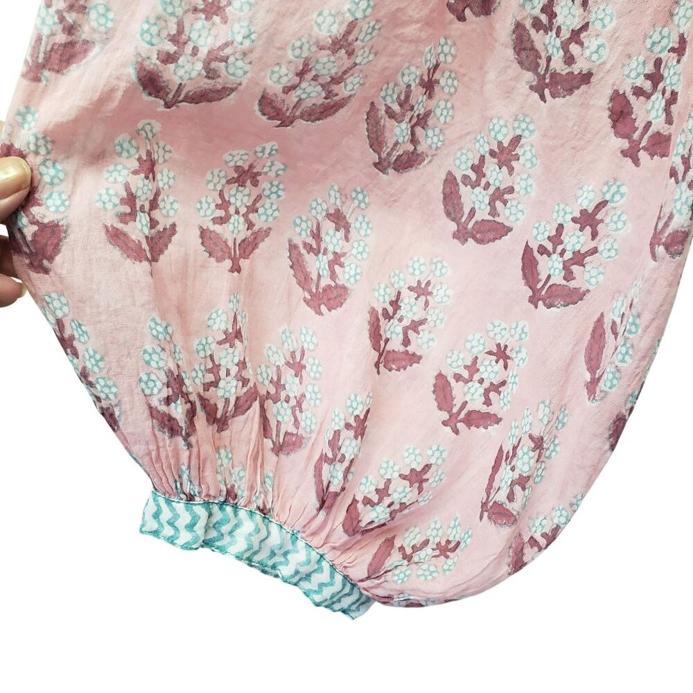 Oliphant Tie Front Balloon Sleeve Dress Pink Teal White Boho Block Print Floral - Picture 8 of 15